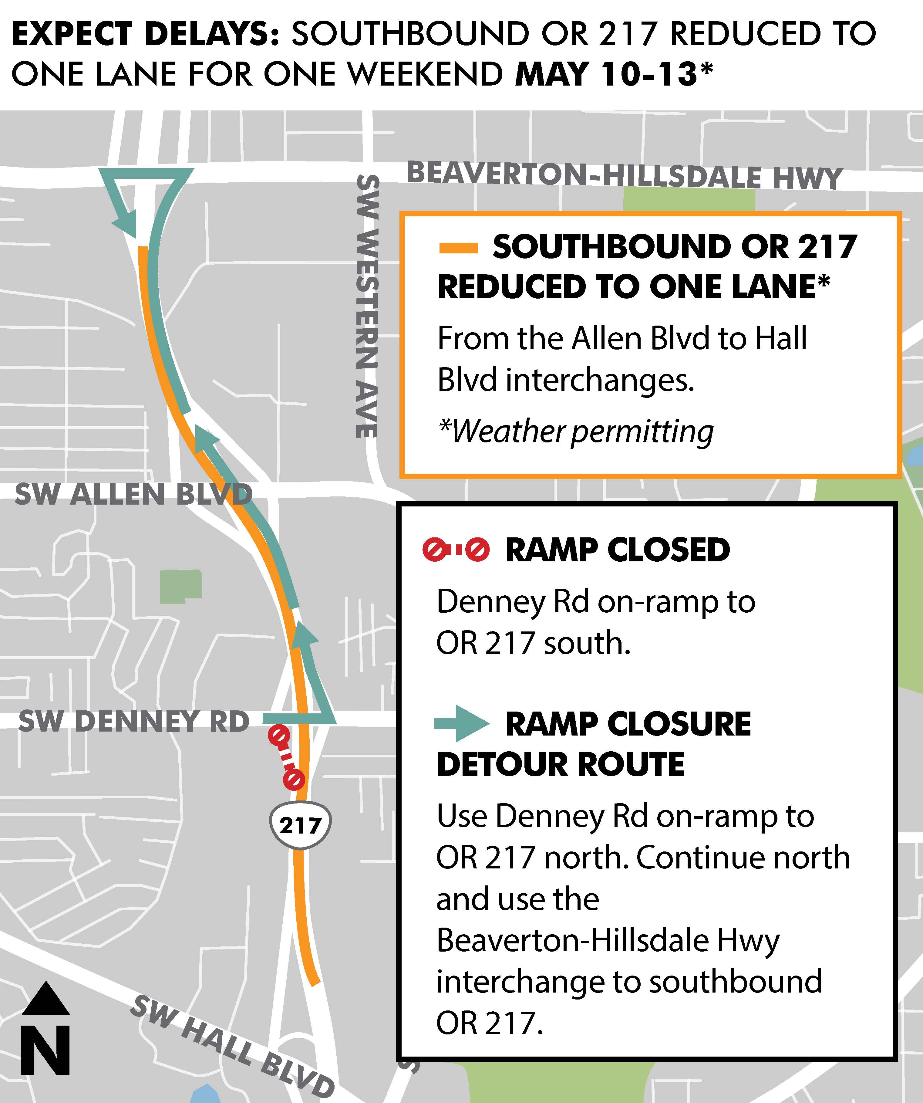 Map of OR 217 south lane and ramp closures.