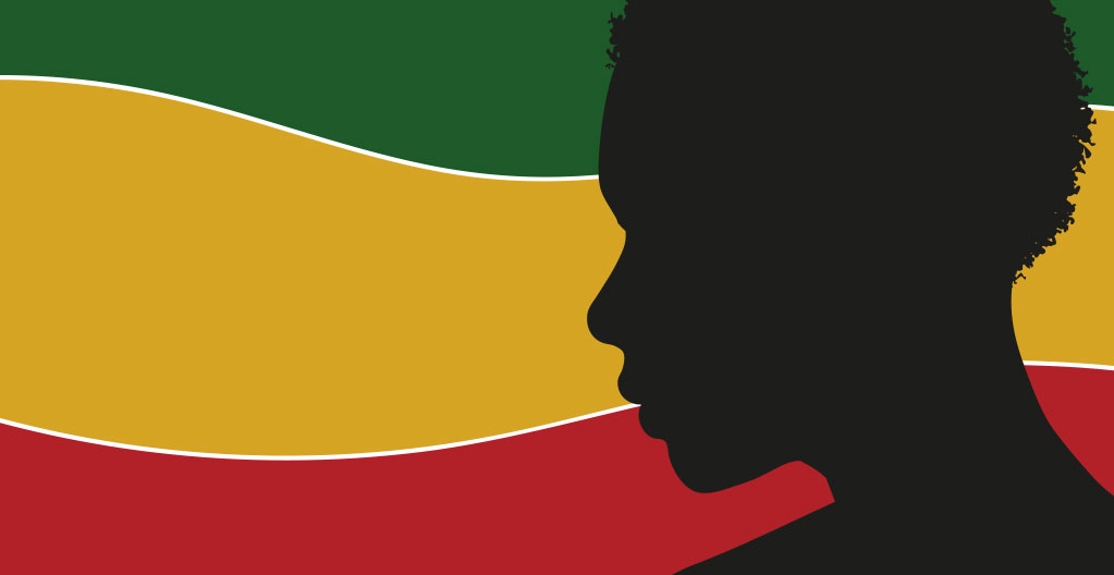 An illustration silhouette of a young black person with a background of wavy colors of red, yellow, white, and green