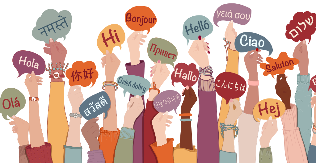 Illustration of hands holding up foreign language greetings comment bubbles