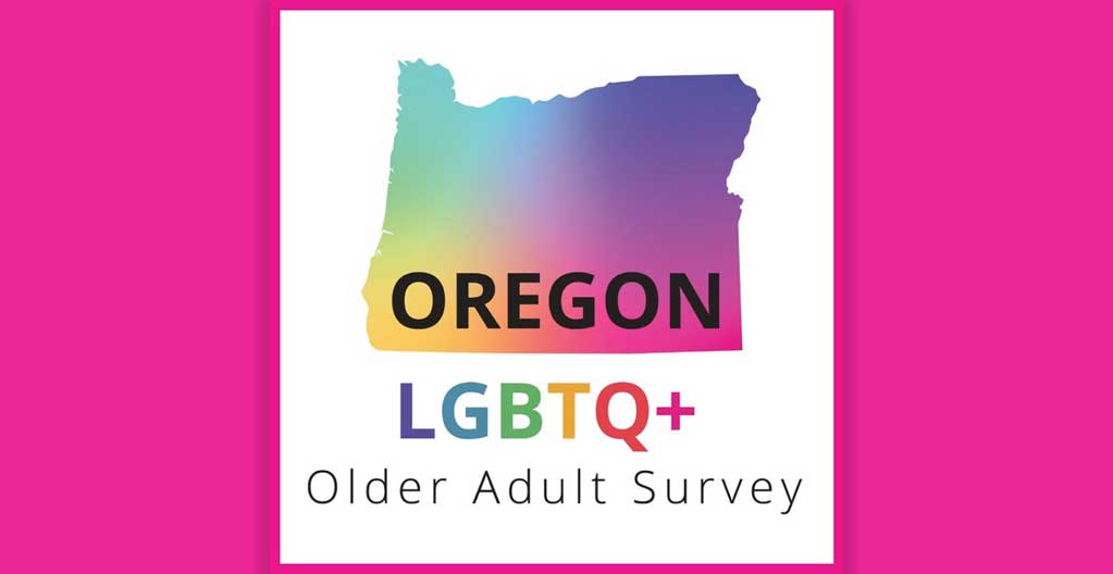 Oregon LGBTQ+ Older Adult Survey logo: the shape of the state of Oregon in rainbow colors