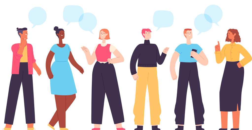 An illustration of 6 people talking to each other with speech bubbles above their heads