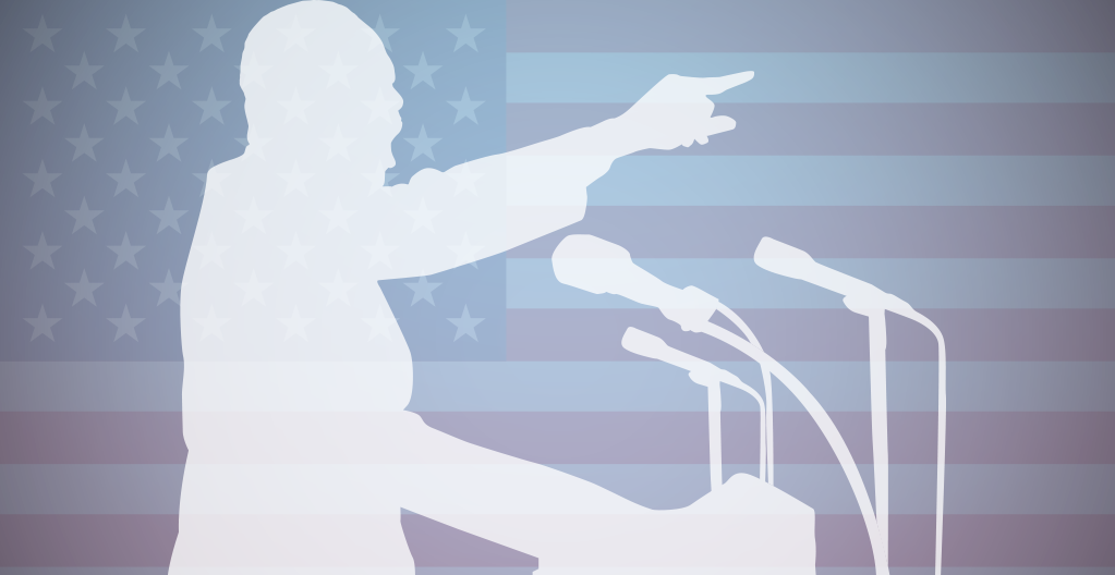 An illustrated white silhoutte of Martin Luther King, Jr. speaking at a podium with three microphones