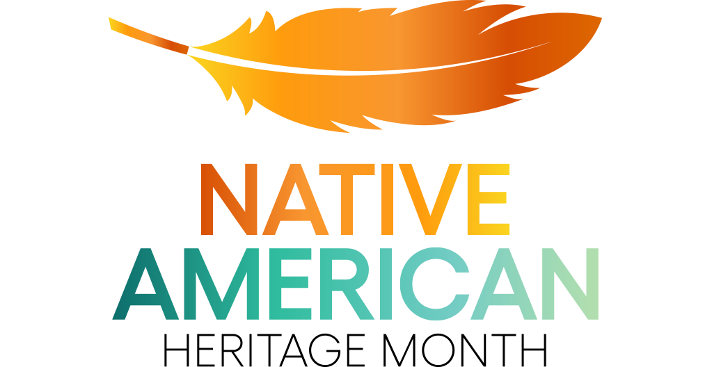 Illustrative orange feather over the words "Native American Heritage Month"