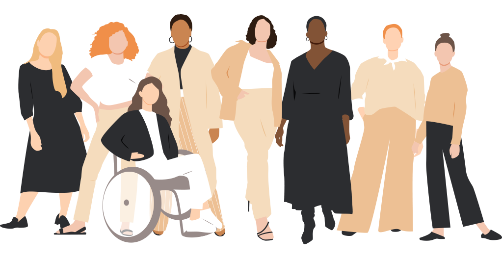 An illustration of 8 women of various ethnicities, shapes, and sizes