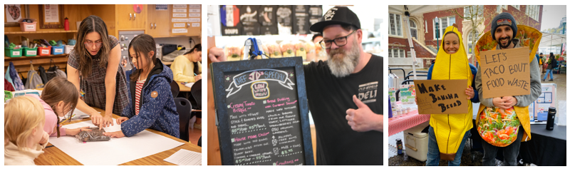 3 images showing kindergarten teacher with kids, cafe owner next to menu sign, and grocery vendors at a market