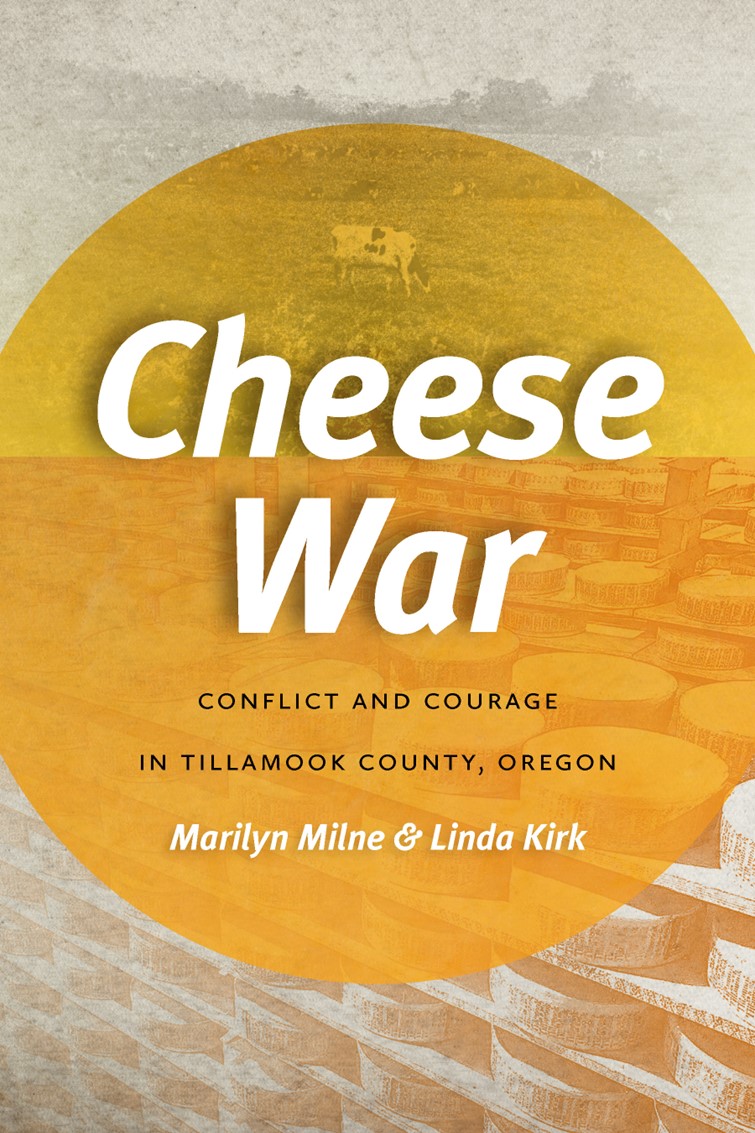 Cheese War book cover, 2 sepia toned photographs, a cow in pasture and a row of cheese wheels.