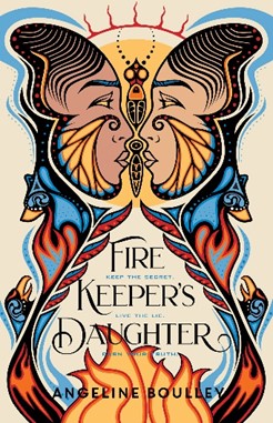 Fire Keeper's Daughter cover, Indigenously stylized faces, including fire, birds, and bears.