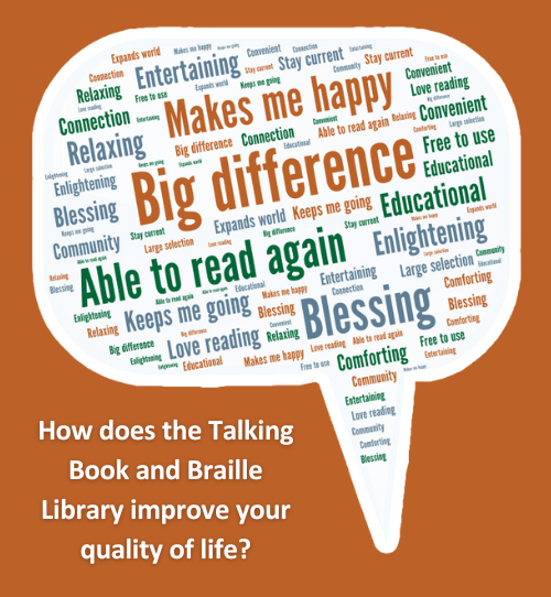 A word cloud showing how users say the Talking Book and Braille Library improves their quality of life.