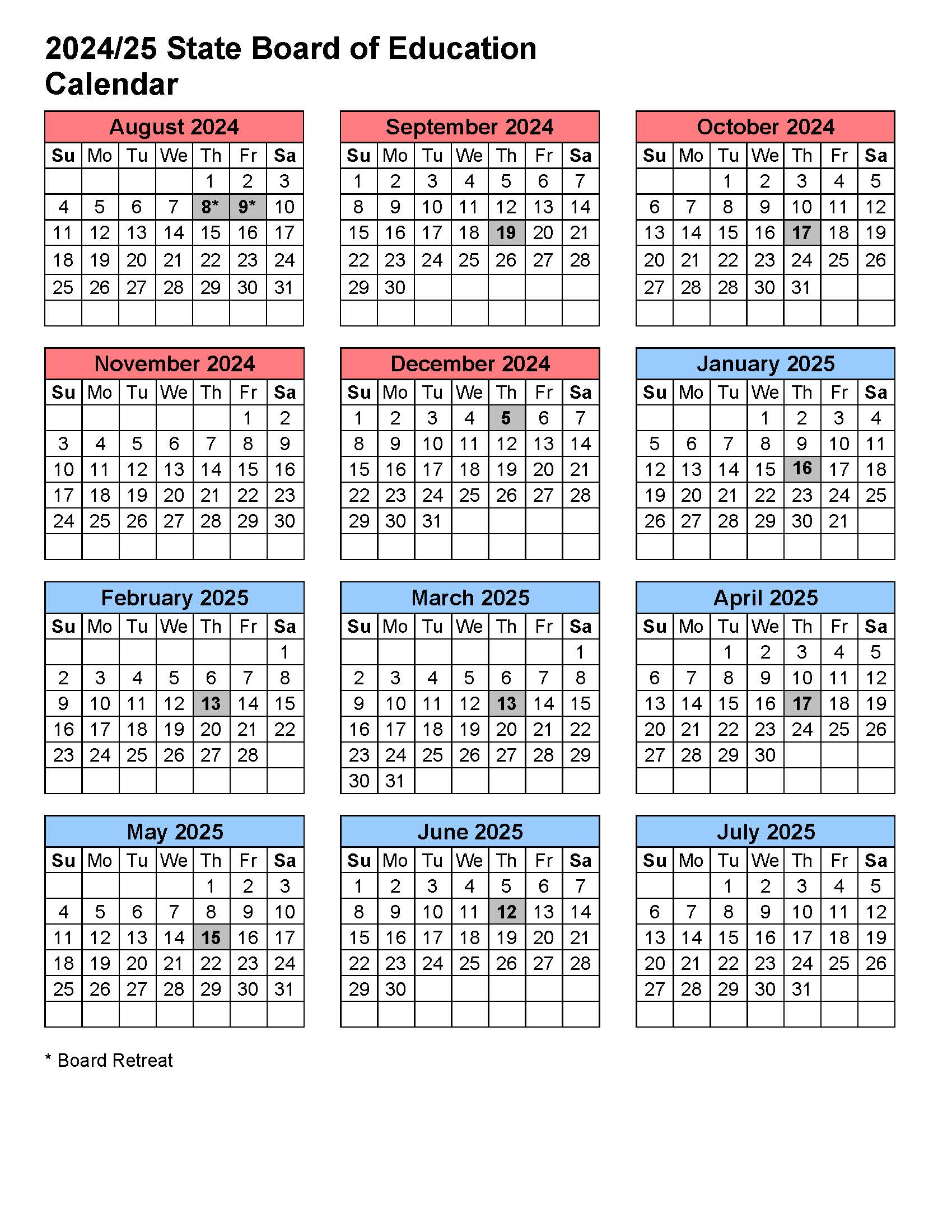 2023-24 State Board of Education Meeting Calendar. Oregon Department of Education. Board of Education. Board retreat August 22 and 23. Board meetings: September 21, October 19, December 7, January 18, February 15, March 14, April 18, May 16, June 13