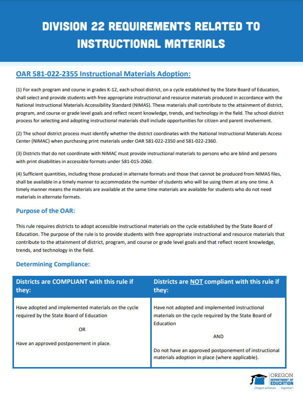 Division 22 Requirements. Related to Instructional Materials