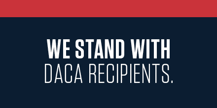 We Stand With DACA Recipients in white text, Navy blue background with red line on top.