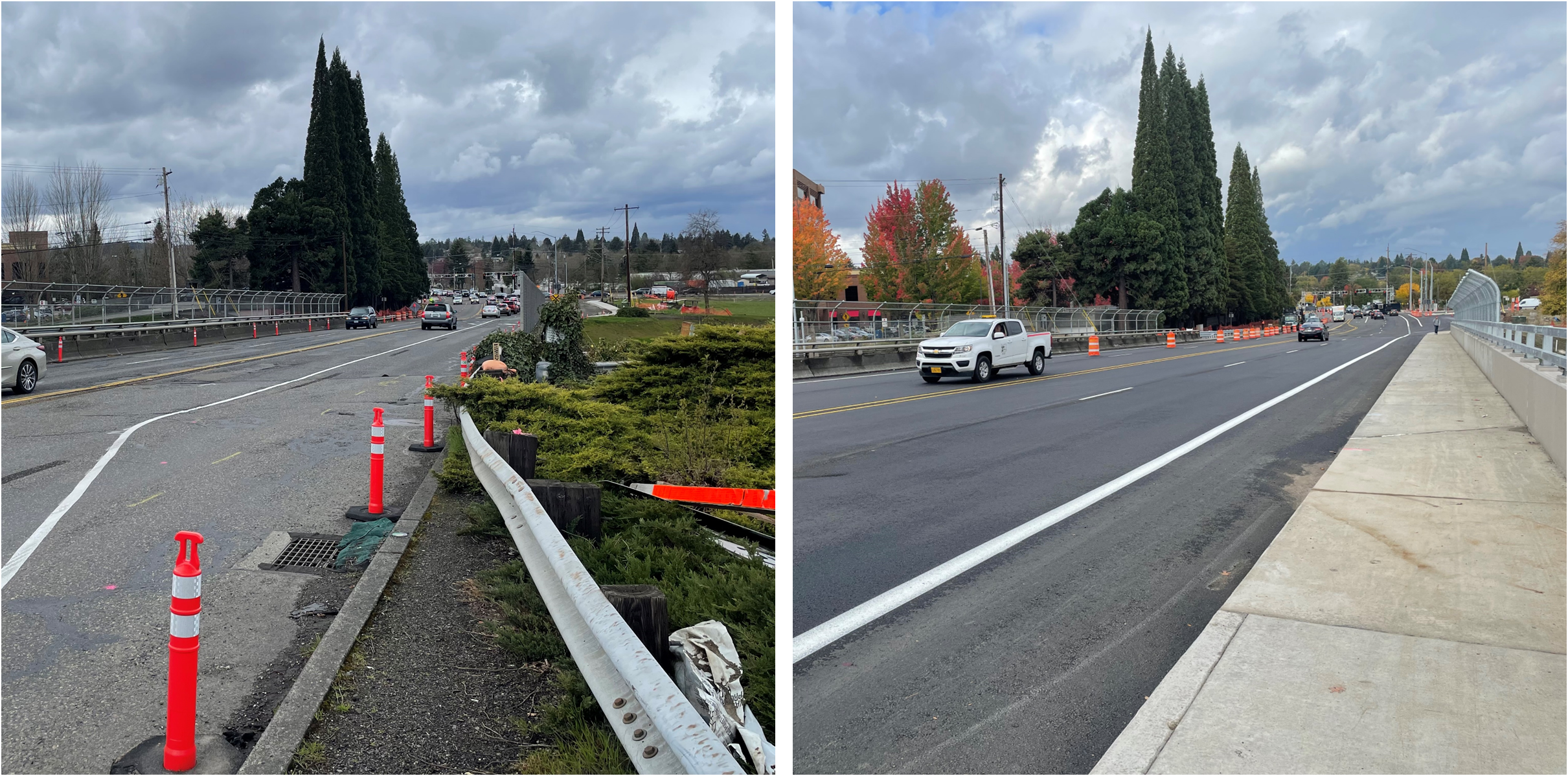 Before and after stitched image of the new sidewalk on Southwest Hall Boulevard overpass looking west