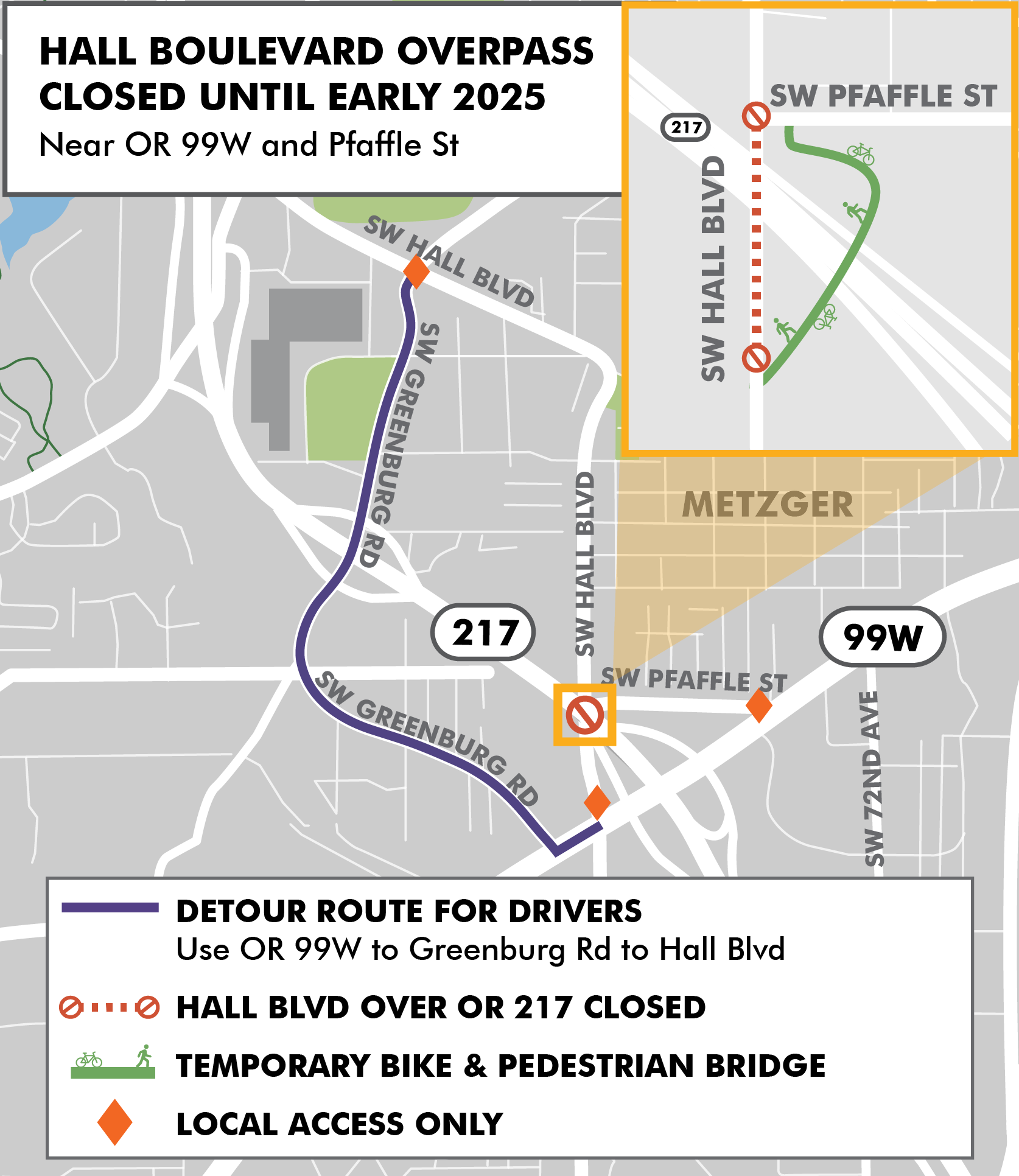 Map of Hall Boulevard overpass closure in Tigard.png