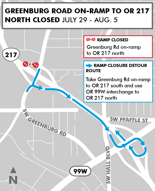 Detour map for Greenburg Road on-ramp closure to OR 217 north.png