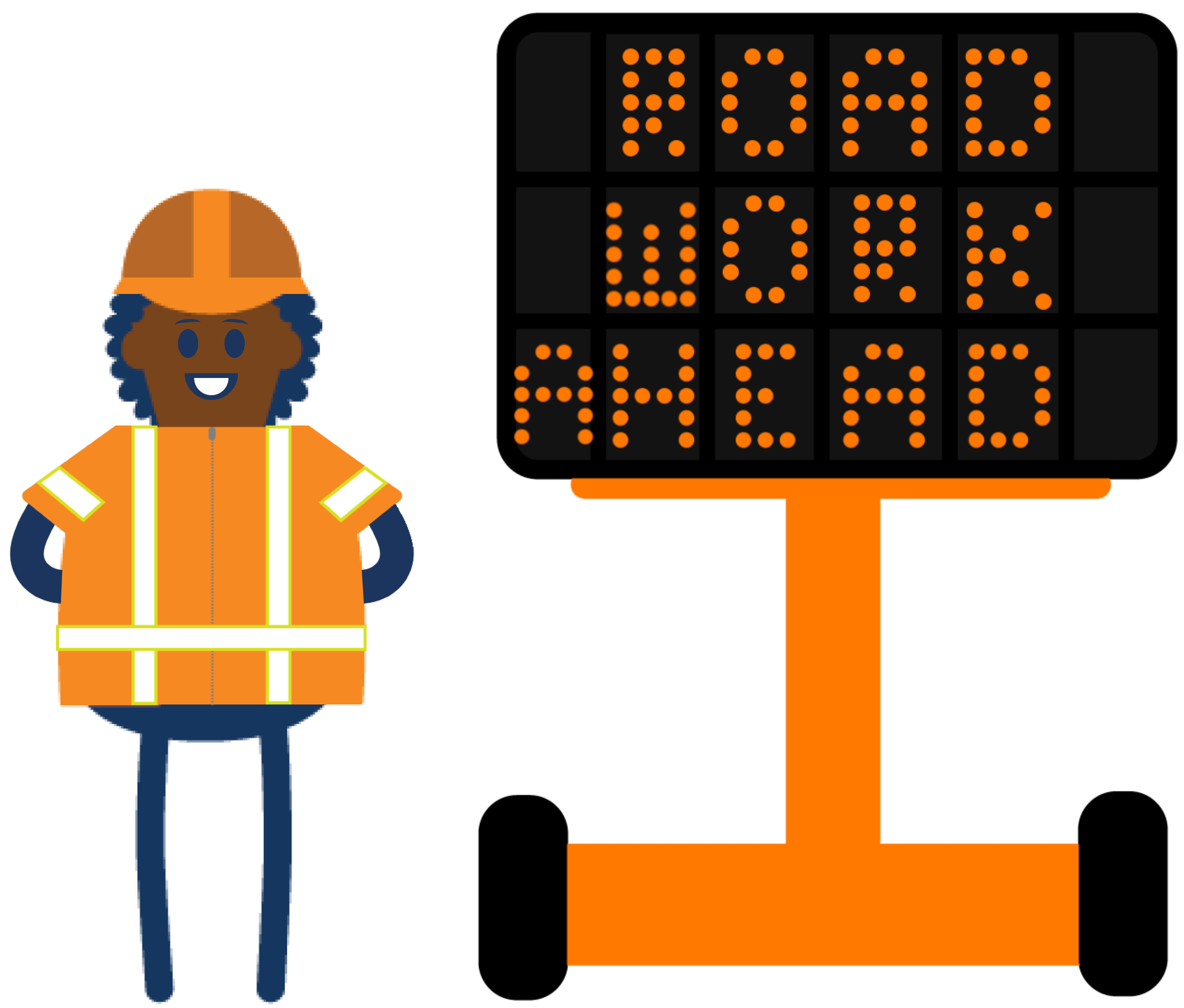 construction worker with road work ahead message board icon