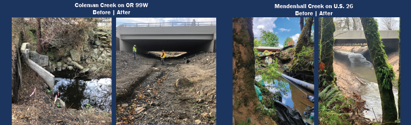 Before and After Pictures of Coleman and Mendenhall Creek culvert to bridge projects