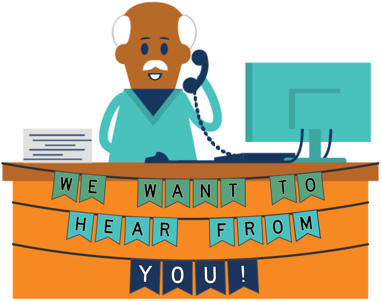 We want to hear from you community partner at desk icon