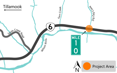 Project are map highlighting OR 6 at the Zig Zag Creek culvet around milepost 10.