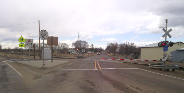 Railroad crossing on OR 451 and U.S. 20 in Vale.