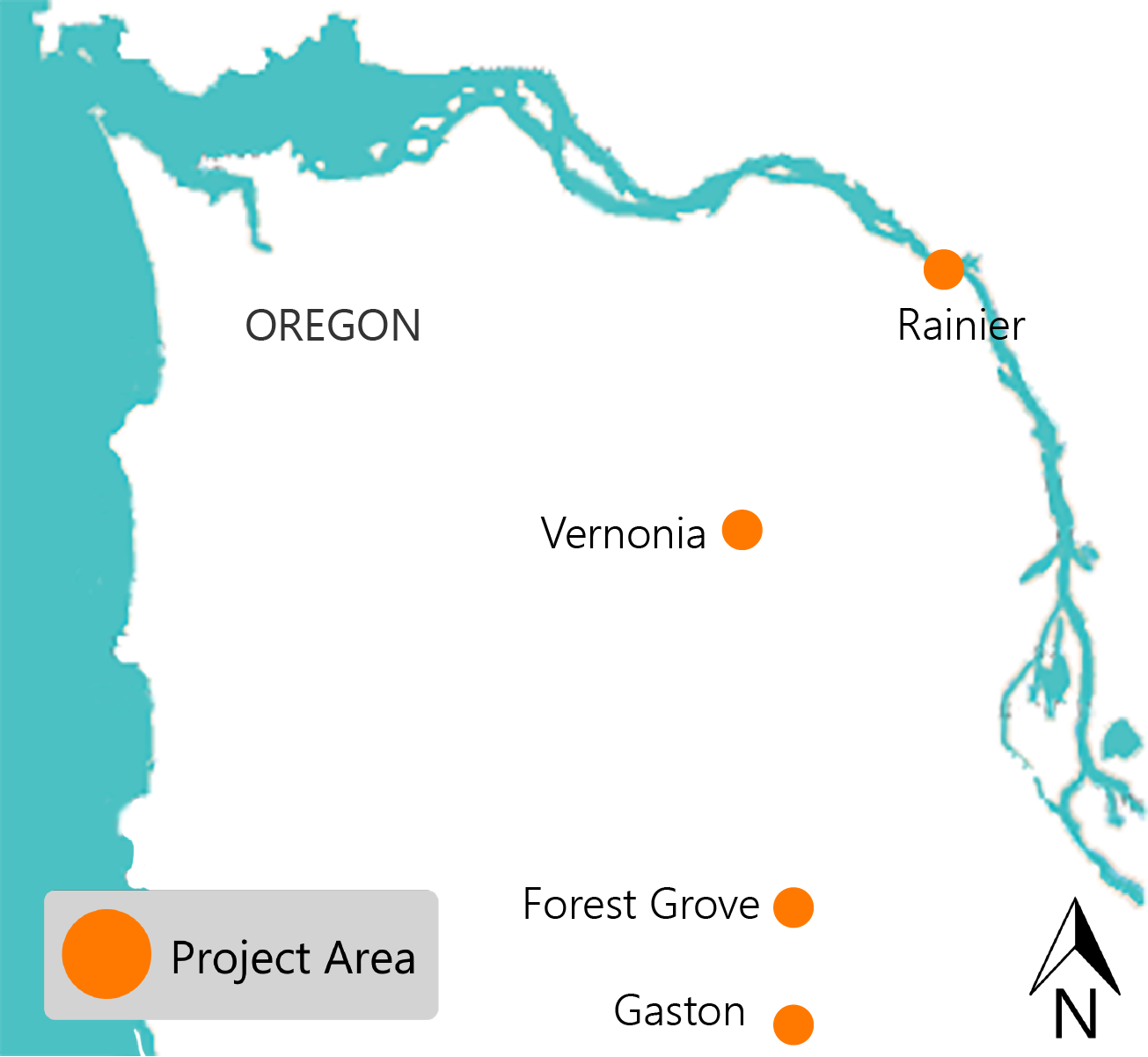 project area map highlighting Rainier, Vernonia, Forest Grove and Gaston