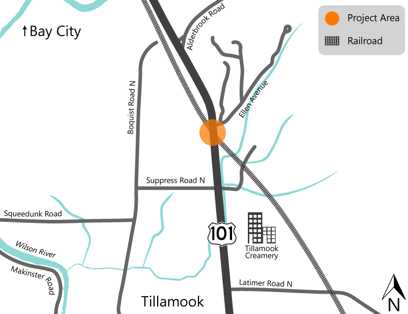 project area map highlighting the bridge over the railroad on U.S. 101 