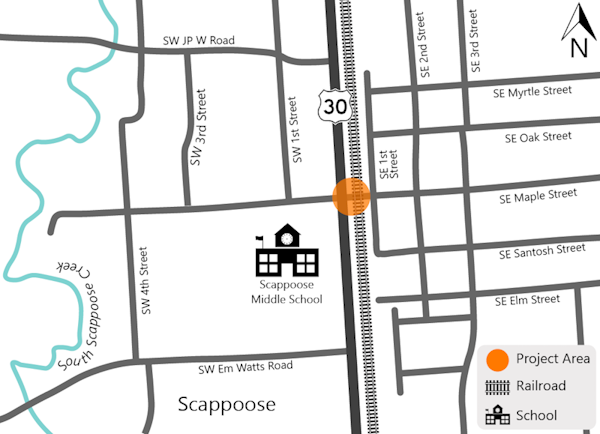 Project area map highlighting the U.S. 30 and SE Maple Street intersection