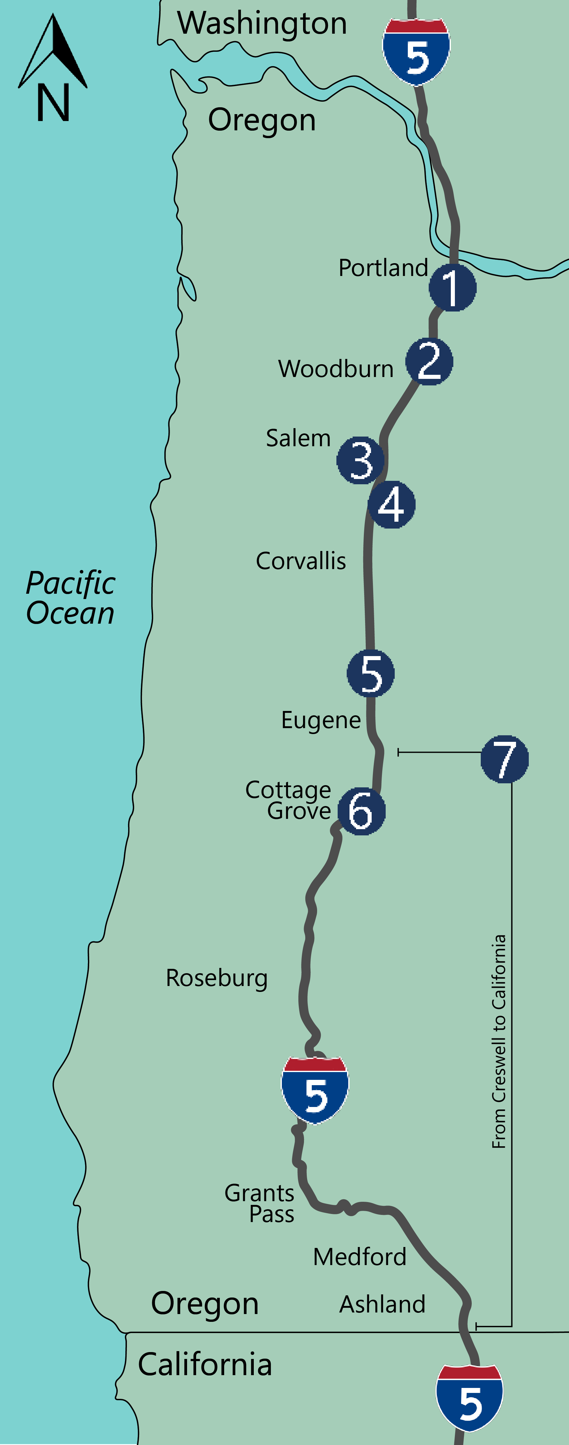 I-5 corridor in Oregon with numbered project locations