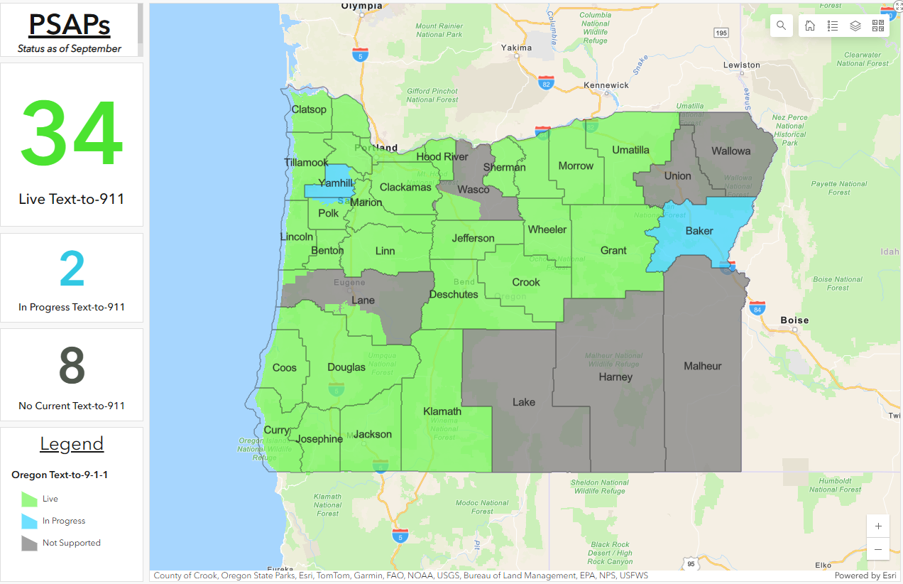 Screenshot of Map displaying Oregon PSAPs