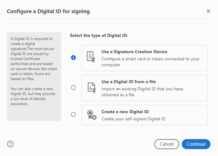 Screenshot of the Configure a Digital ID for signing dialog box