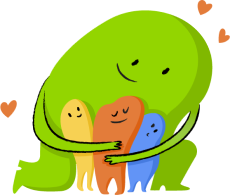 A green smiling blob hugging smaller smiling blobs