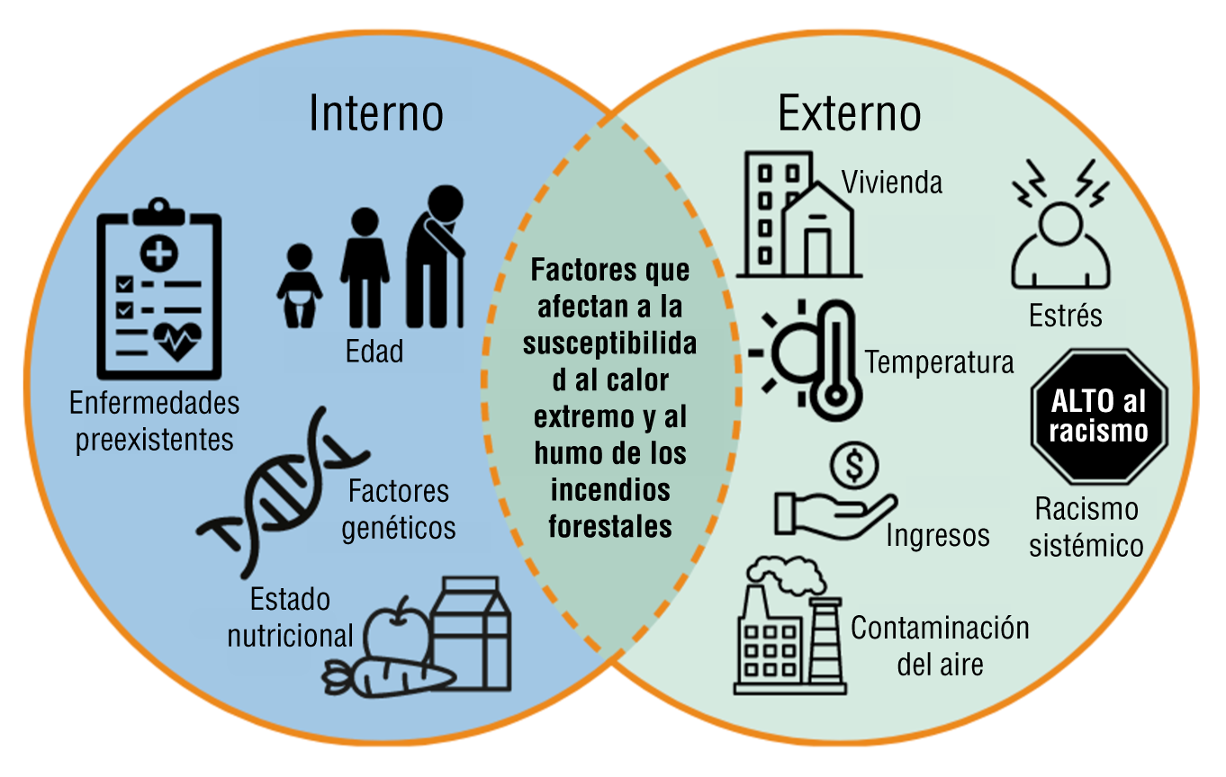 Factores que afectan a la susceptibilidad al calor extremo y al humo de los incendios forestales.