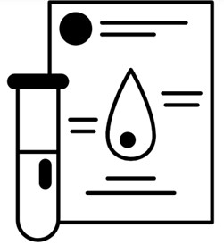 A black and white illustration of a vial of water and a piece of paper with results behind it.