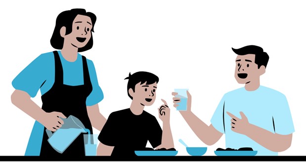 An illustrated family of 3 at the dinner table. Water is being poured by one parent and the other is holding a full glass.