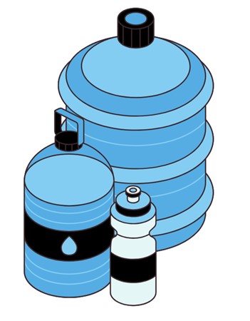 3 blue containers of water of different sizes, ranging from a jug to a bottle.