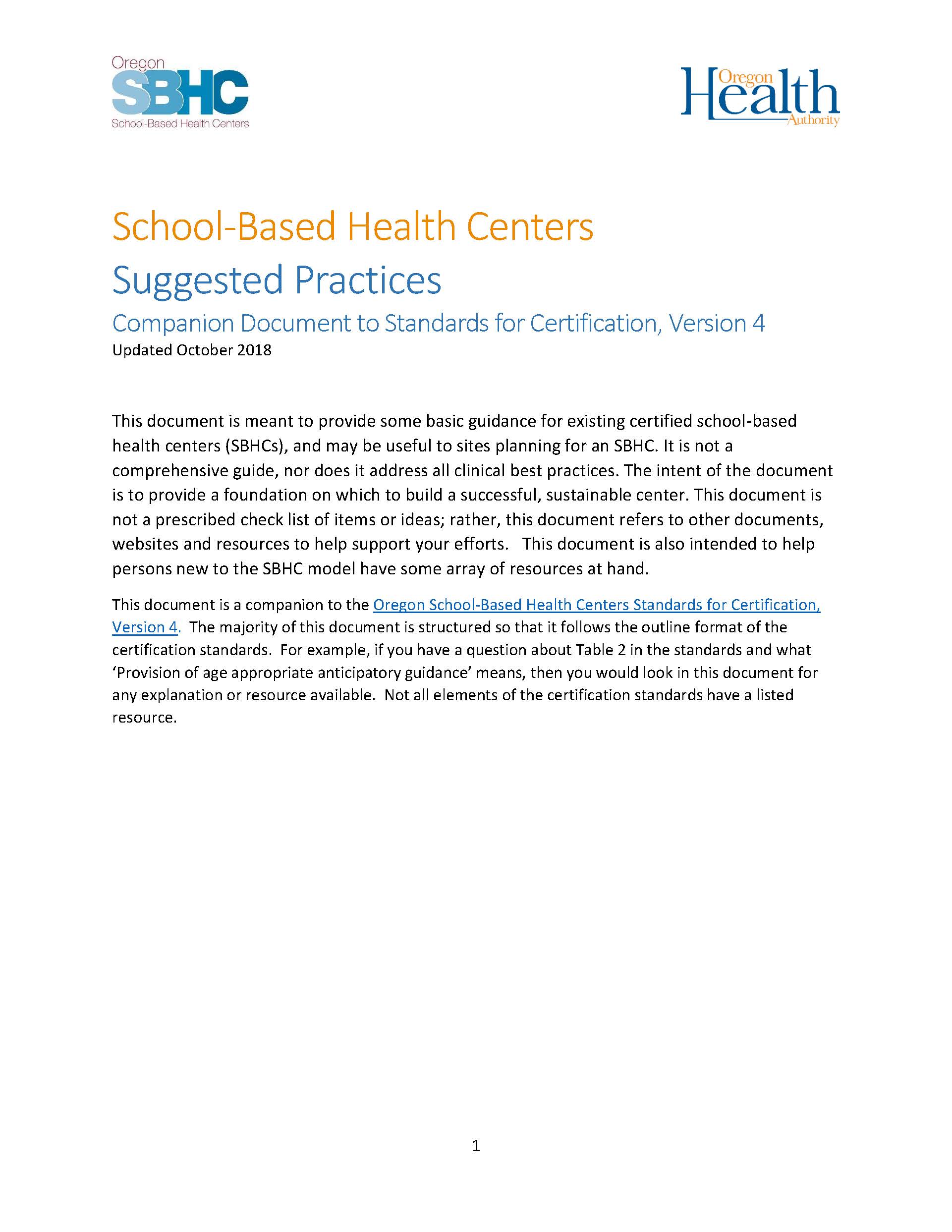 Oregon Health Authority : Certification Standards : School Based Health