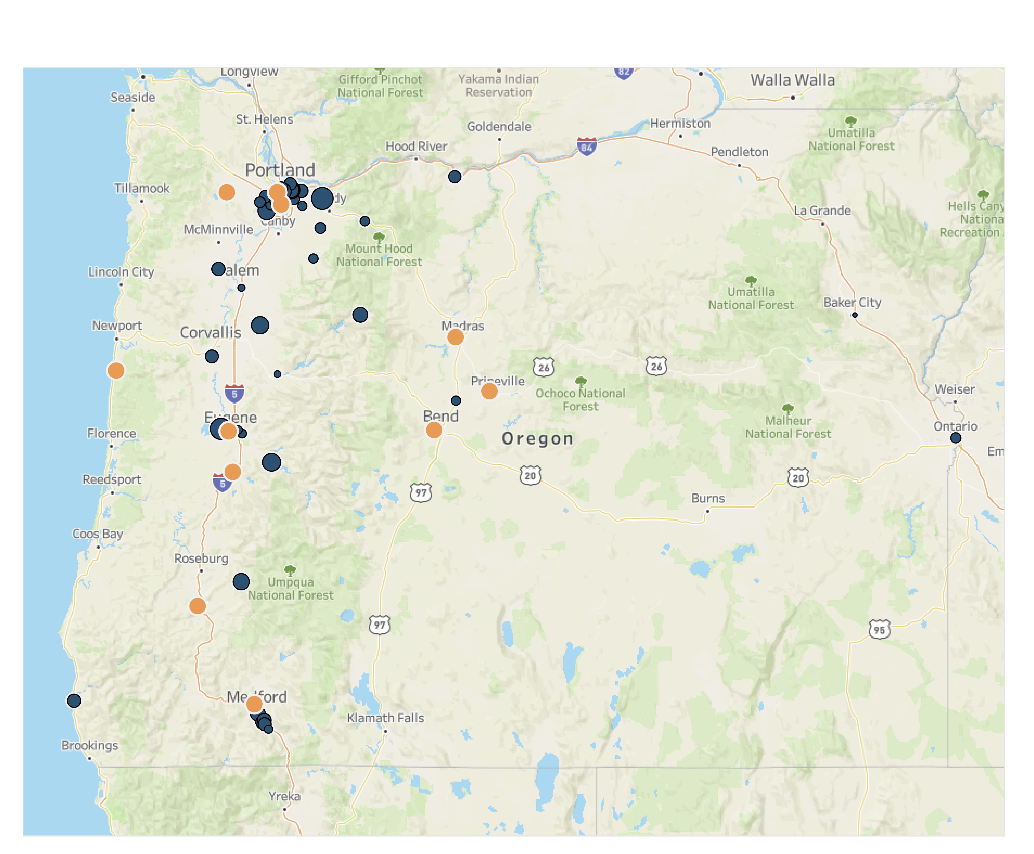 This is a map showing all the places in Oregon OHCS has invested in affordable housing development with blue dots showing rental housing and orange dots showing homeownership. There are many more blue dots than orange dots because the agency has invested more in affordable rental housing development. The dots correlate with population, so both colors of dots dots show more developments in the Portland region and the I-5 corridor.
