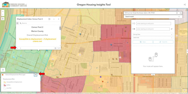 An image of the housing insights tool. In the background is a map highlighted in yellow, red, and green. To the left, a red arrow is pointing to a box labeled 'Displacement Index: Census Tract 2'. Below that, a red arrow is pointing to a box with a checkmark next to 'Overall Displacement Risk Layer'. It shows levels of Displacement Risk.