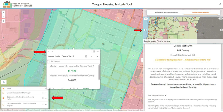 An image of the housing insights tool. In the background is a map highlighted green, red, and yellow. In the center of the map, a red arrow is pointing to a pop up box labeled 'Income Profile: Census Tract 2' with median household income information. Below that, a red arrow is pointing to a pop out box listing 'Route', 'Overall Displacement Risk Layer', 'Displacement Index Criteria: Income Profile', 'Displacement Index: Criteria Vulnerable Peoples'. 'Route' and 'Displacement Index Criteria: Income Profile' have check marks next to them. To the right, a red arrow is pointing to a box showing 'Displacement Criteria: Income' for Polk County.