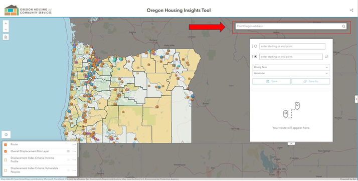 An image of the housing insights tool with a map of Oregon and datapoints on the left side. On the right, there is a search bar labeled 'Find Oregon address'. A red arrow is pointing to this search bar. There is a magnifying glass indicating zoom in and zoom out function in the search bar.