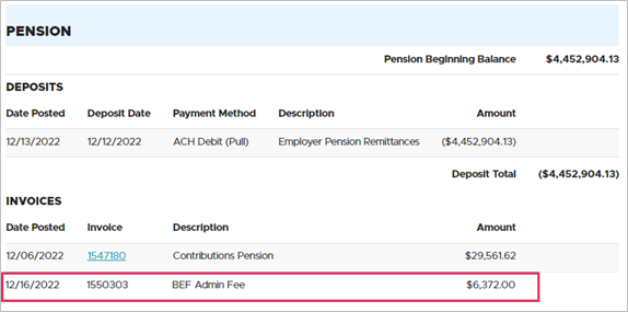 Image of a BEF admin fee invoice in EDX