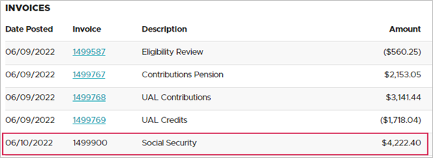 Image of a Social Security admin fee invoice in EDX