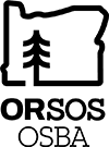 Outline of state of Oregon with tree in center. Under are the letters ORSOS then OSBA stacked under. The logo is black.